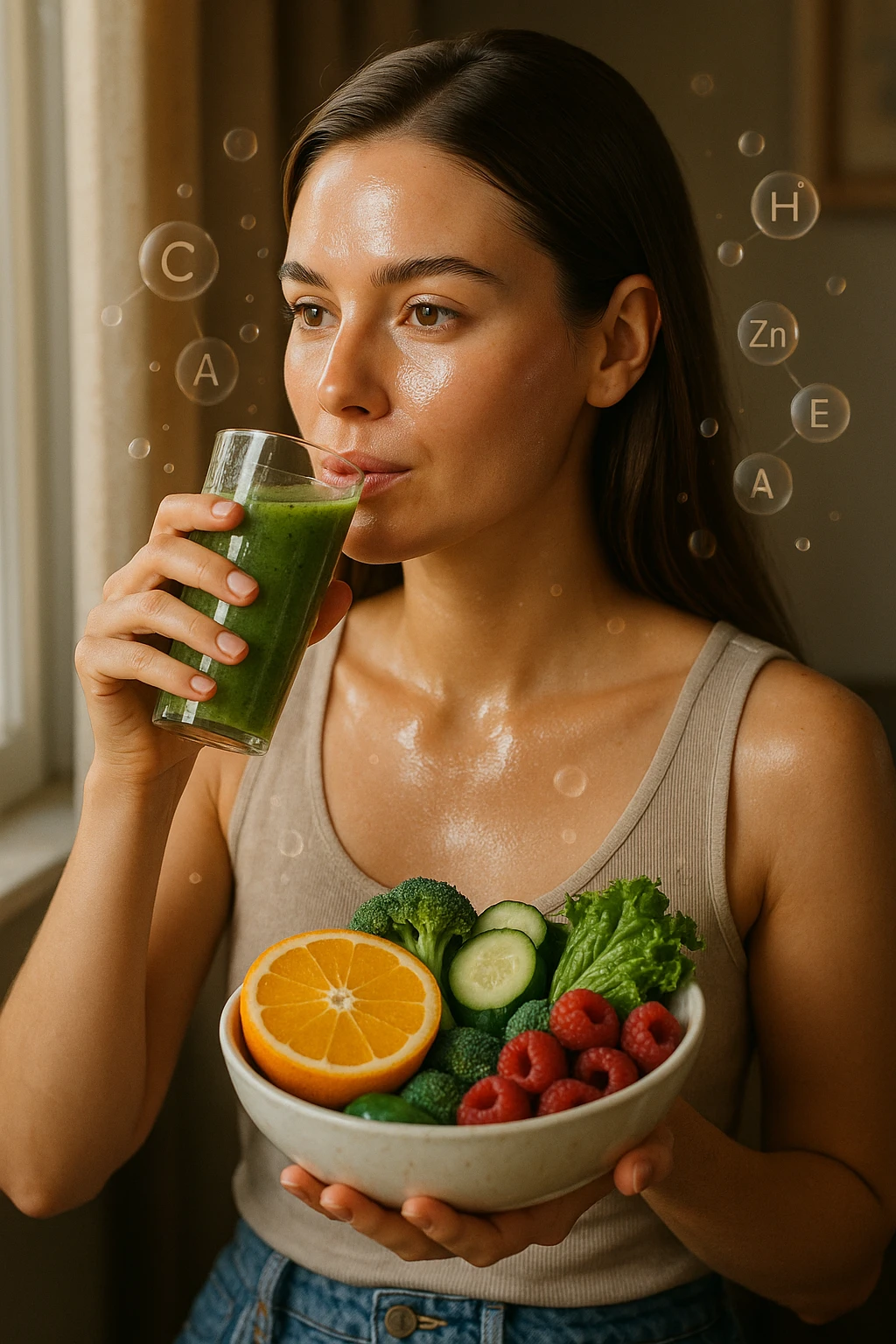 A highly realistic, cinematic portrait of a young woman in her late 20s with glowing, clear, healthy skin and a vibrant scalp with strong, shiny hair, symbolizing internal health reflecting outward. She has a calm, confident expression while sitting by a window with warm daylight softly illuminating her face, highlighting smooth, hydrated skin with a natural glow. Her hair appears clean, full, and strong, indicating a healthy scalp and balanced sebum production. She is drinking a glass of green smoothie rich in antioxidants and holding a bowl of colorful fruits and vegetables, symbolizing how internal nutrition supports skin and scalp health. Subtle, softly glowing overlays of molecular symbols for vitamins, minerals, and hydration molecules gently swirl around her, visually representing the concept of beauty and skin health from the inside out. Style: 35mm hyperrealistic film look, warm tones, soft depth of field, focusing on clear skin texture, healthy scalp, and vibrant hair to inspire holistic wellness emoji