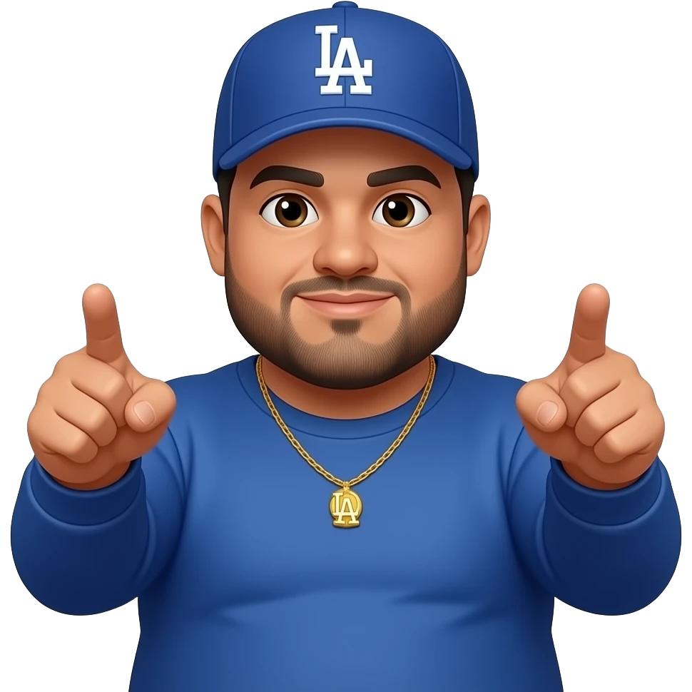 chubby man with a honey skin complextion with lightly shaved black beard wearing a blue Los Angeles Dodgers baseball cap wearing a long sleeve blue shirt wearing a gold tennis necklace making fingers a gun pointing forward with both hands emoji