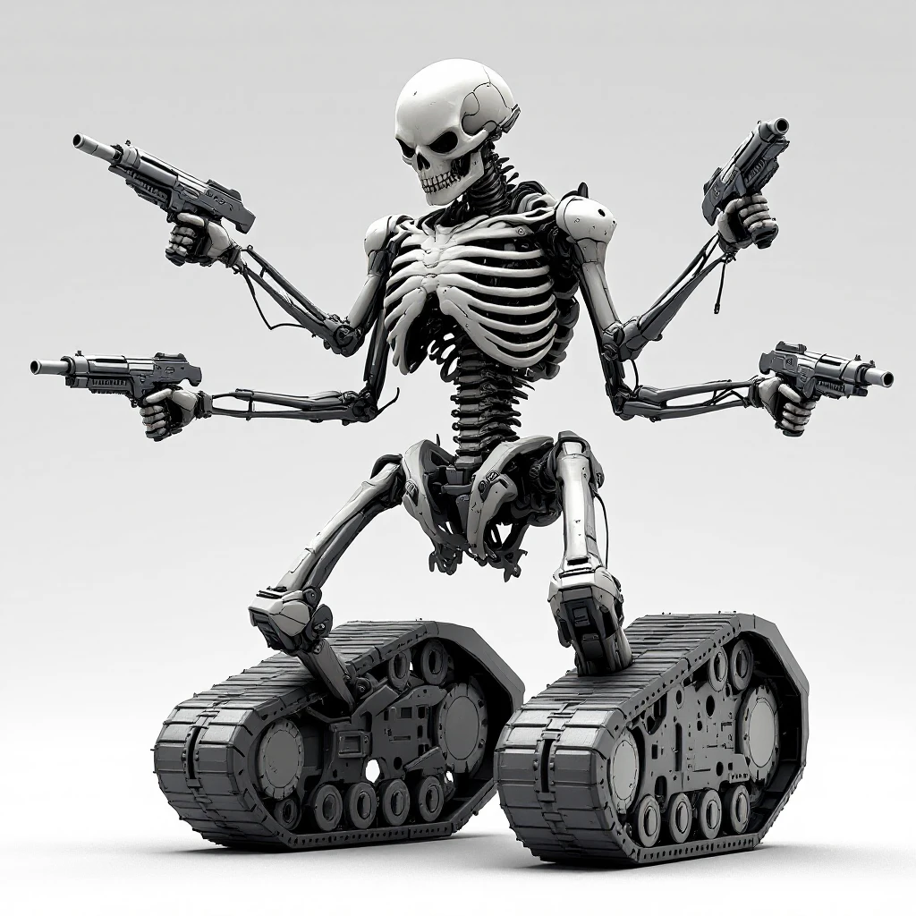 Create an intimidating sci-fi skull tank with a humanoid ribcage torso that has four arms, each holding a gun. The figure has no legs; the spine attaches directly to a bulky tank chassis. The pose is aggressive. Match the style and details of the attached reference image in Flux Pro style. emoji