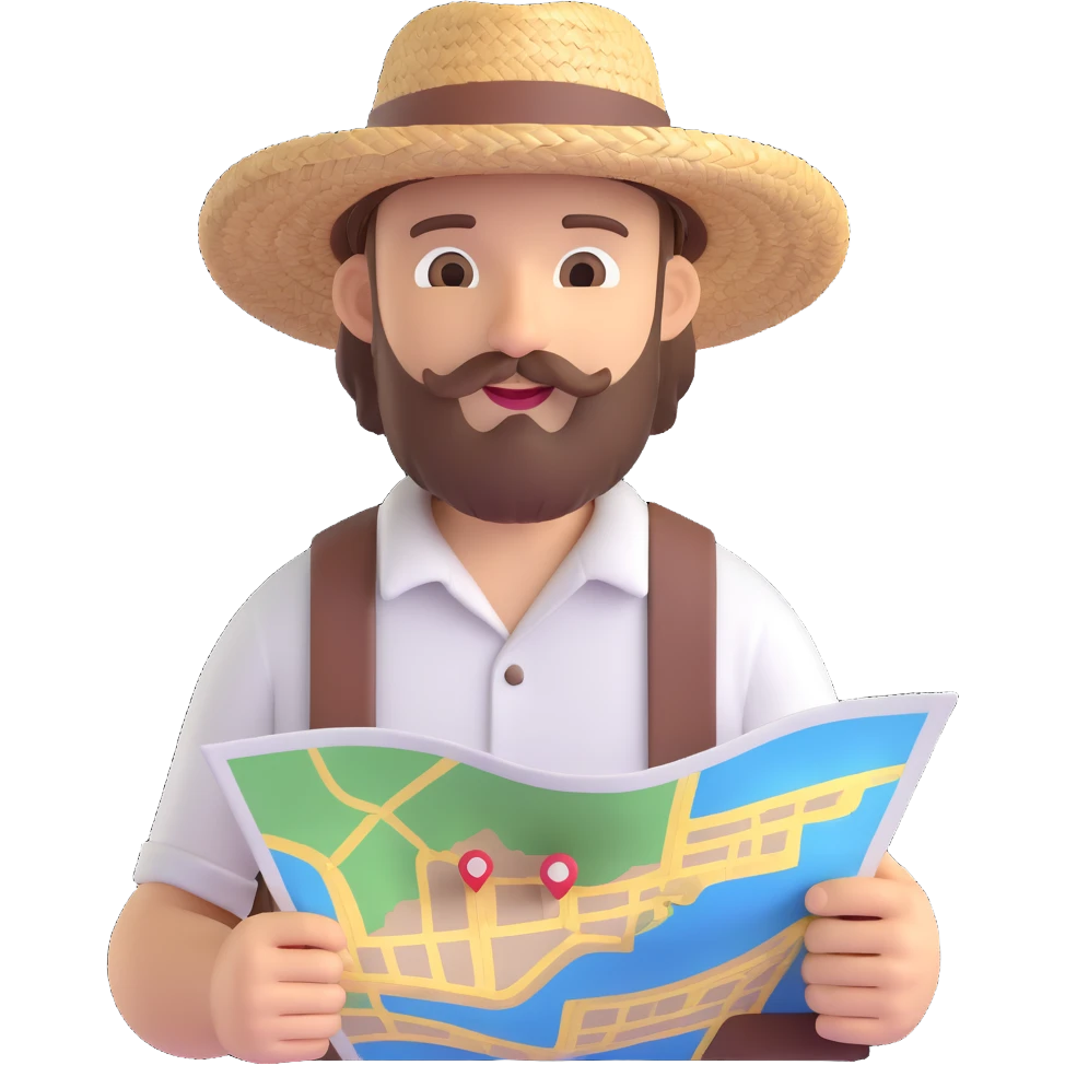 Make the bearded traveler look younger while keeping the straw hat and map, in 3D emoji style, with no background. emoji