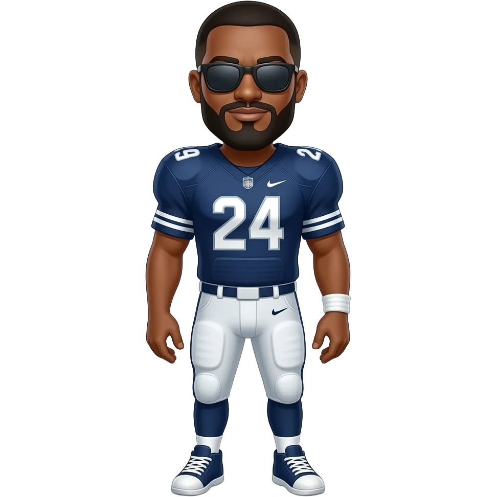 A dad bald black an with a beard in shades with a football jersey with whole body emoji