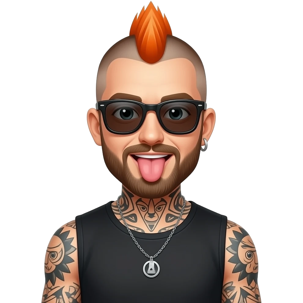 A drummer emoji of a man with orange Mohawk But make him lighter skin with sleeve of tattoos and tounge sticking out he is a funky cool guy with sun glasses emoji