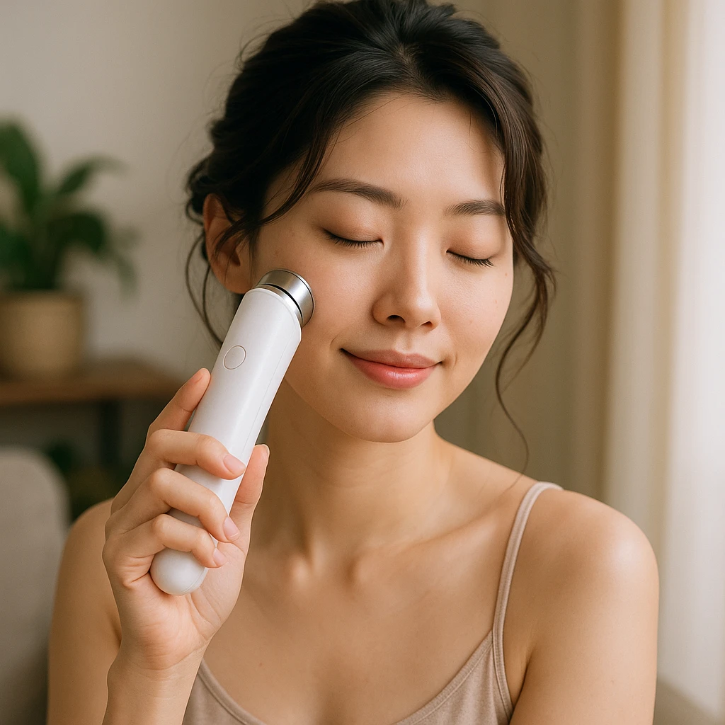Korean woman doing skin care with a beauty device, stylish hairstyle, relaxed atmosphere emoji
