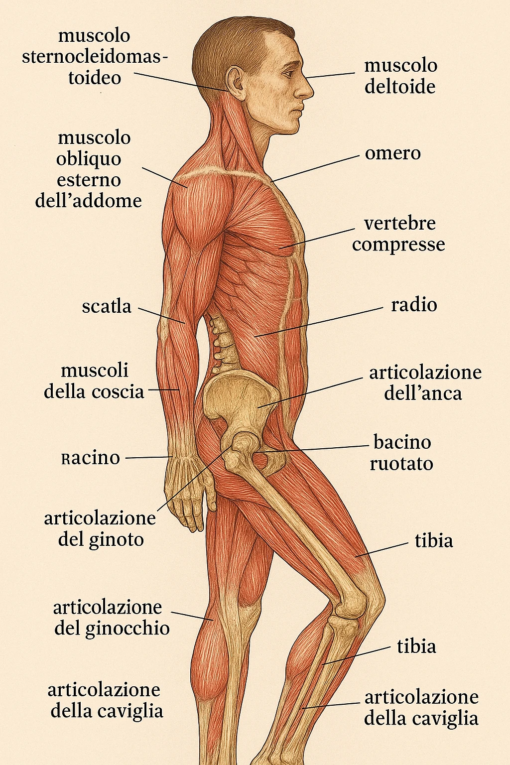 realistic anatomical illustration: lateral view of human body, rotated pelvis and compressed vertebrae, evident anatomical details, captions in Italian, aspect ratio 2:3. emoji