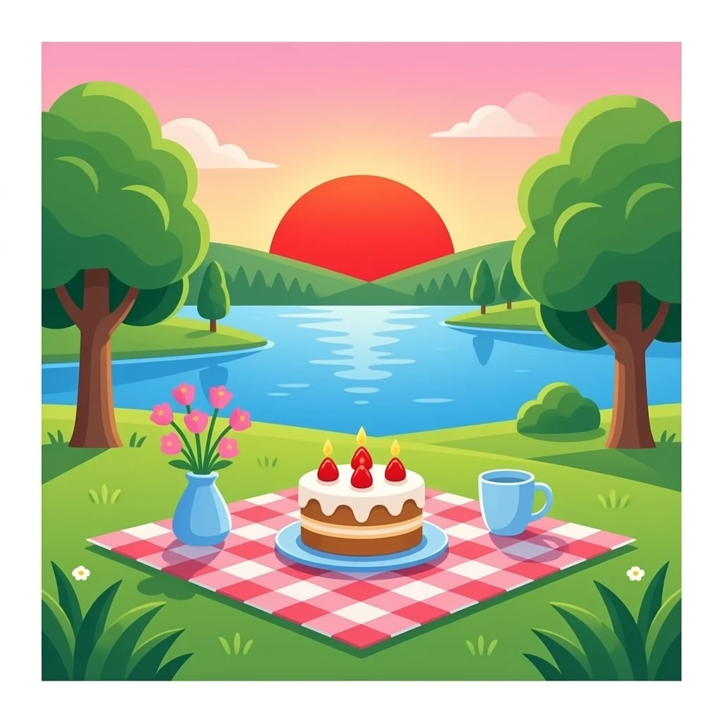 Sunrise spring picnic lake cake blue red black pink orange emoji