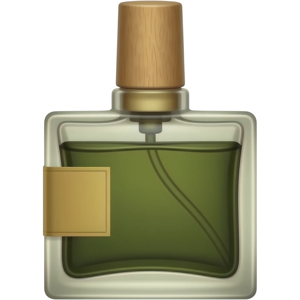Дорогие духи амбровые с длинной деревянной крышкой и квадратным флаконом с темно-зелёной жидкостью, с бежевой этикеткой с с левой стороны тонкой и длинной emoji
