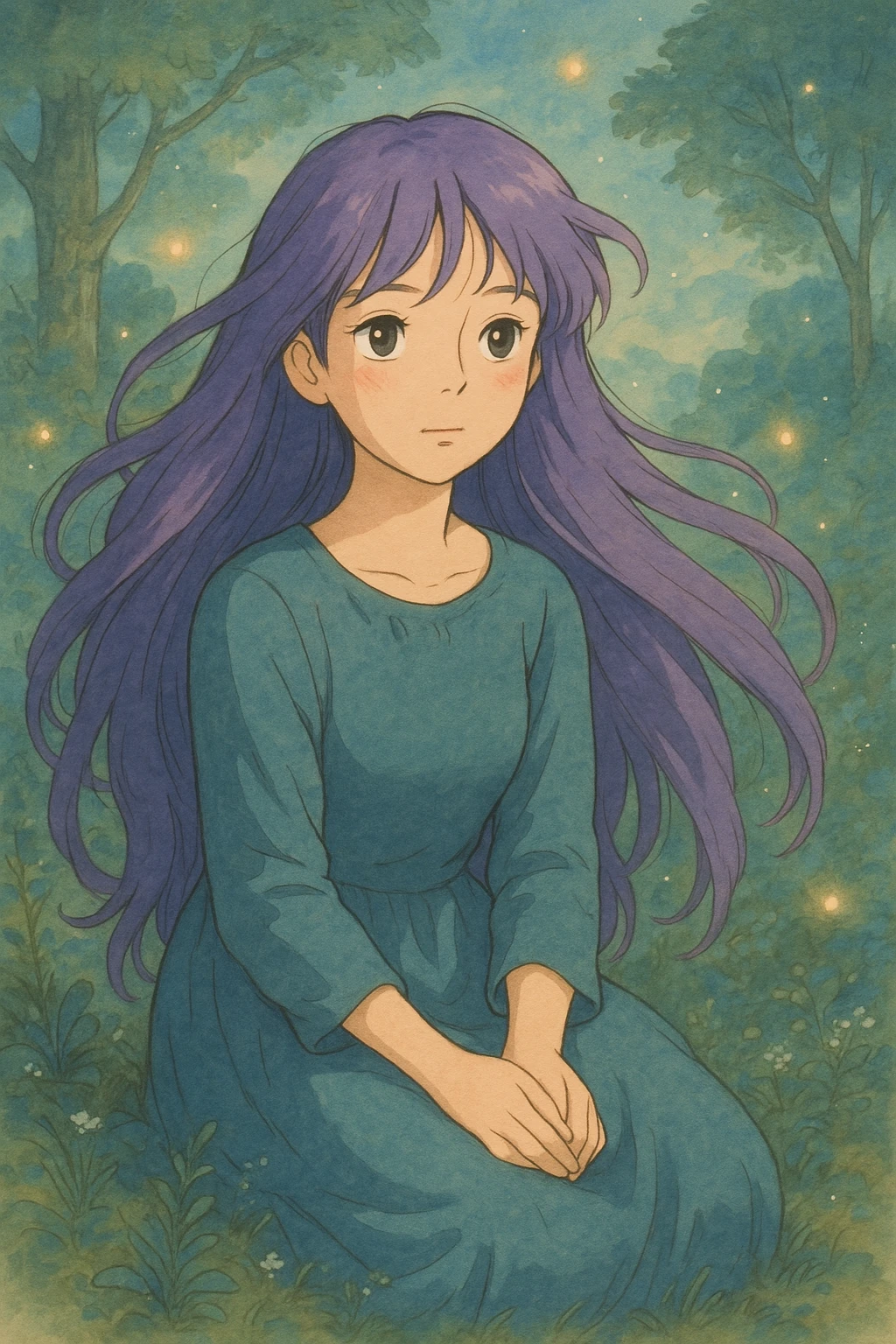 character with long purple hair, ghibli-inspired style emoji
