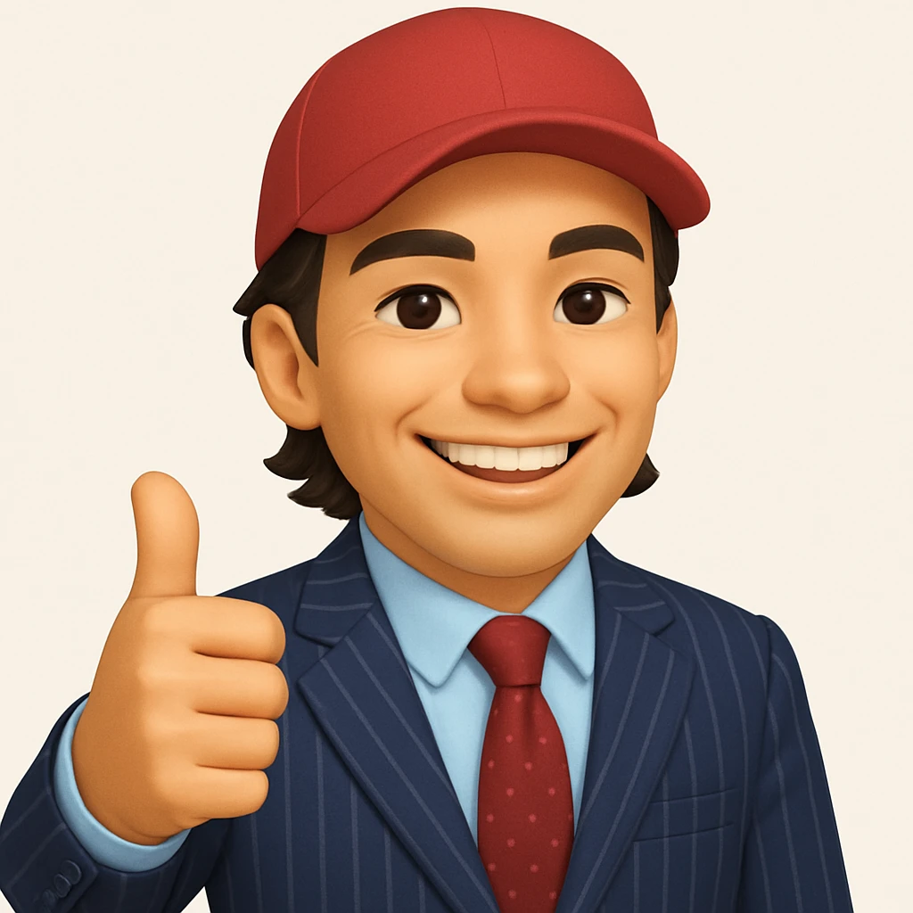 Create a 60% realistic emoji of a smiling man in a pinstripe suit and red cap, giving a thumbs up. The style should blend emoji and realism, being more stylized and less photorealistic than a typical photorealistic image, with a clear emoji influence but still showing some realistic details. Use the reference photo for inspiration: https://attic.sh/wfieu0kunyspgsk9ox1u05rutofl emoji