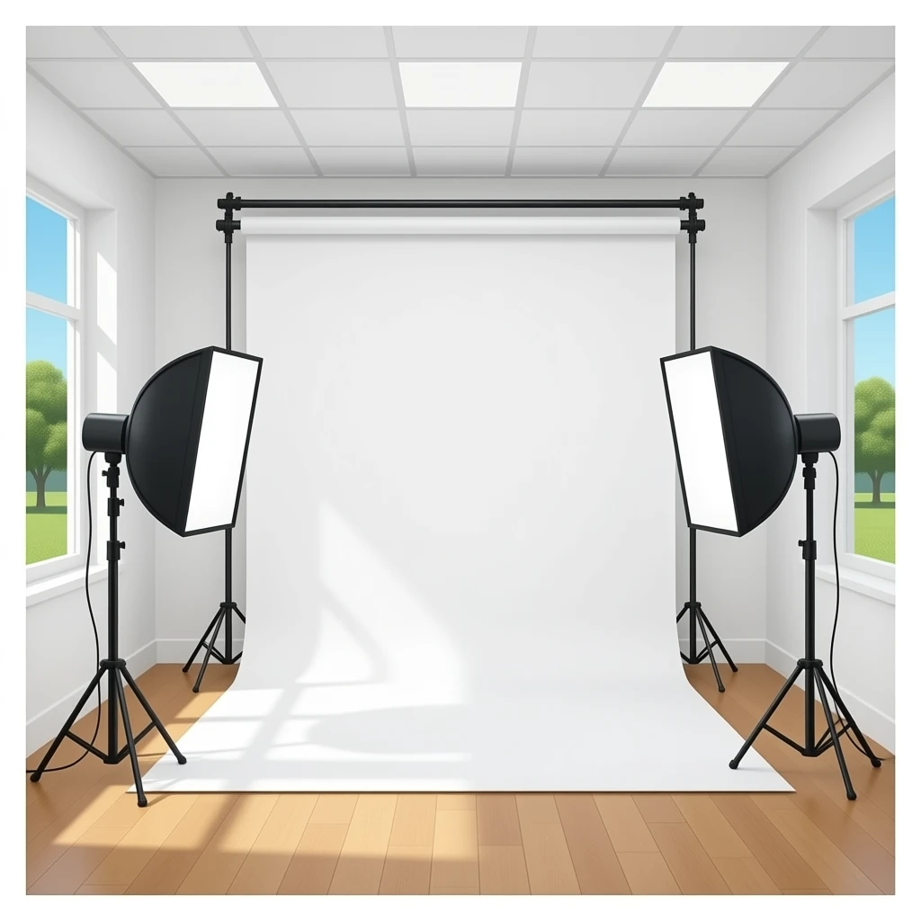 indoor white photography studio with camera equipment emoji