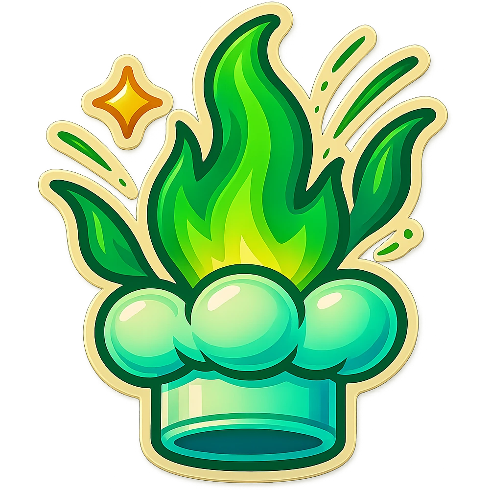 chef's hat explode with trails of fires, emoji, playful, magic flame green gradient, vibrant, flame matching style reference file emoji