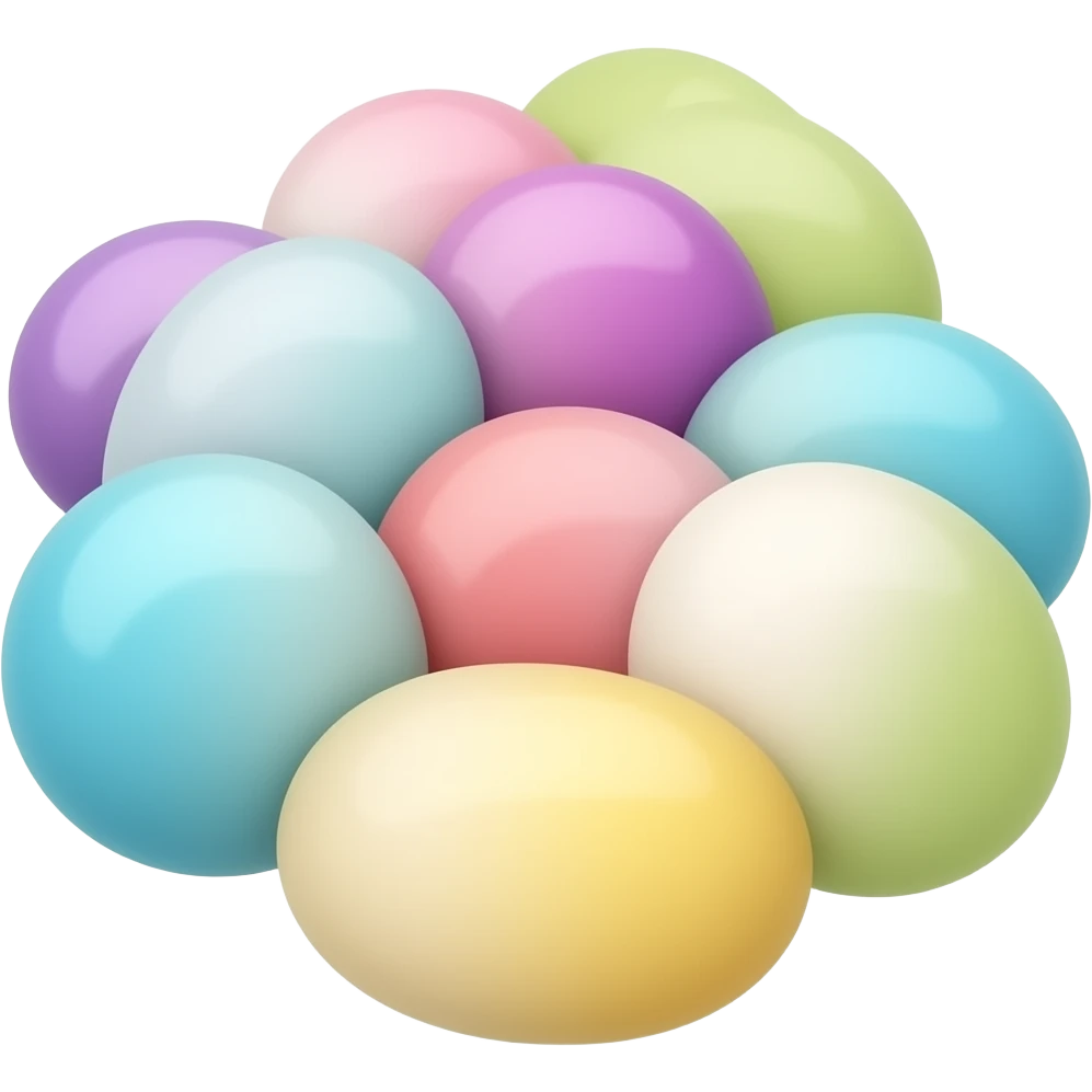 6 bonbons jelly beans ronds, poignée de bonbons au sol qui se touche, multicolore pastel clair, turquoise mauve rose jaune emoji