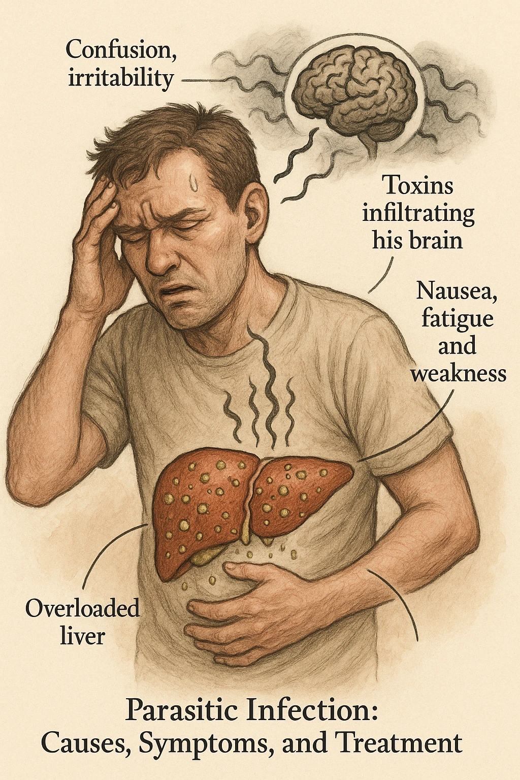 "Man feeling increasingly unwell as his liver fails to filter toxins, nausea, tiredness, and weakness overwhelming him as toxins infiltrate his brain causing confusion and irritability Parasitic Infection: Causes, Symptoms & Treatment, expression of mental fog and physical exhaustion, liver shown as overworked organ with reduced filtration capacity, toxic buildup affecting entire body systems" in italiano emoji