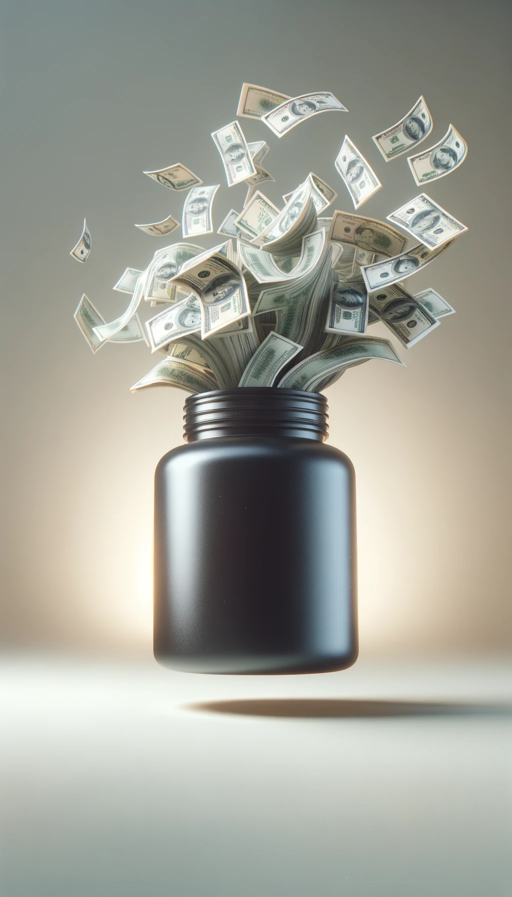 boccetta di integratore fluttua in aria, dalla boccetta aperta escono delle banconote, sfondo neutro chiaro, iperrealistico 4k emoji