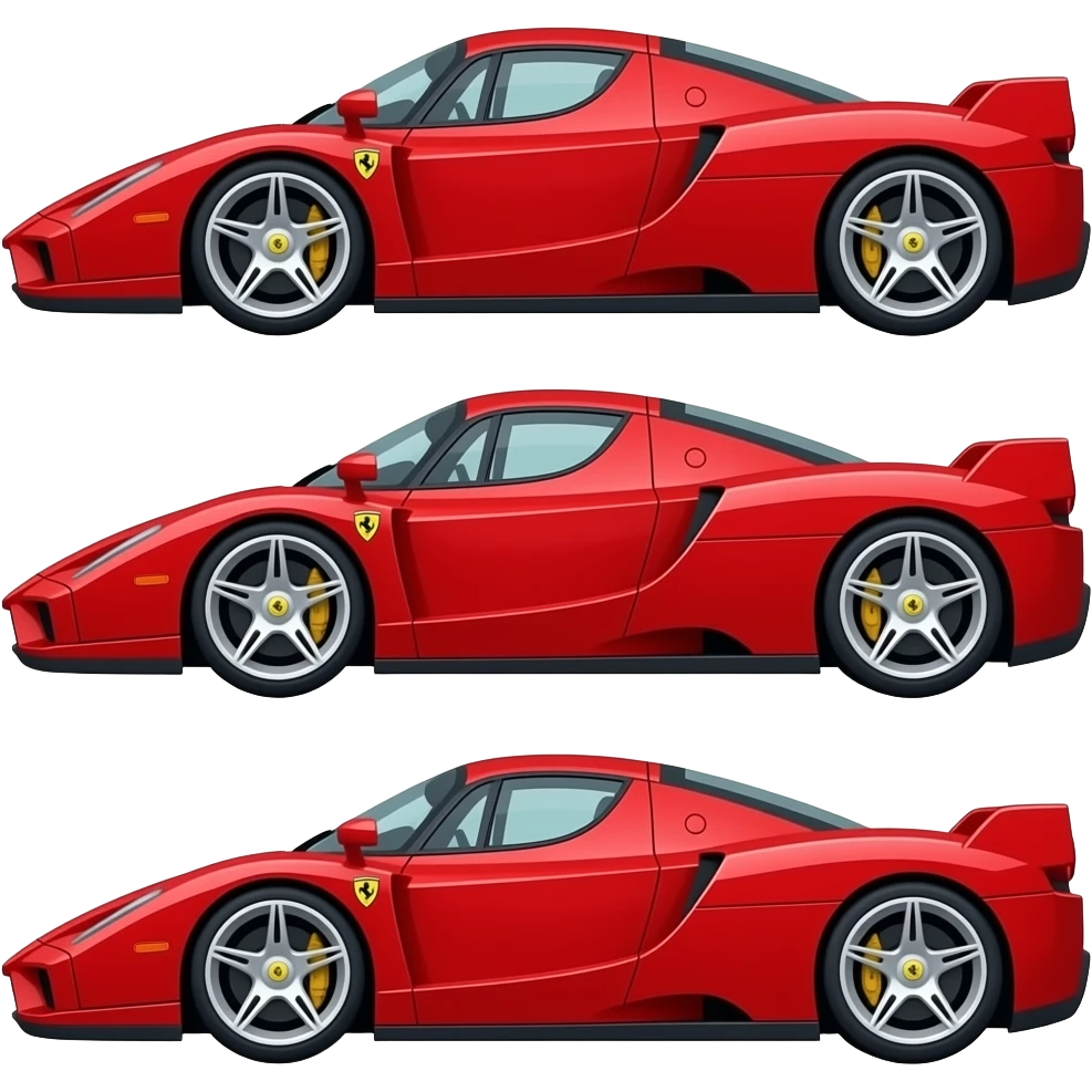 ferrari fxx enzo, perfect proportions of wheels and tires, front end and rear end and middle of car compressed like a cartoon drawing, exaggerated emoji
