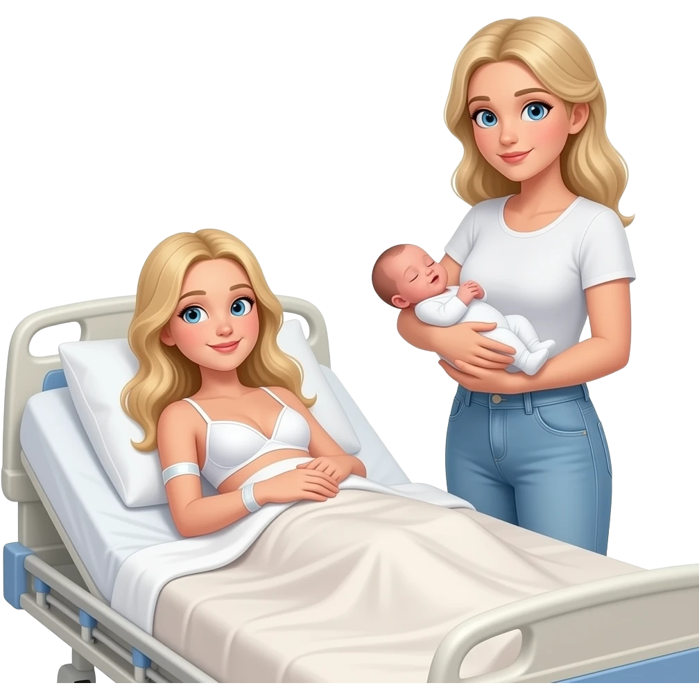 in hospital bed in blanket 17 year old Woman with long blonde hair, and light blue eyes, wearing white bra and light blue baggy jeans with skinny body, holding newborn girl, with 38 year old mom with blonde hair and blue eyes holding baby girl on the waist with one arm, standing beside bed emoji