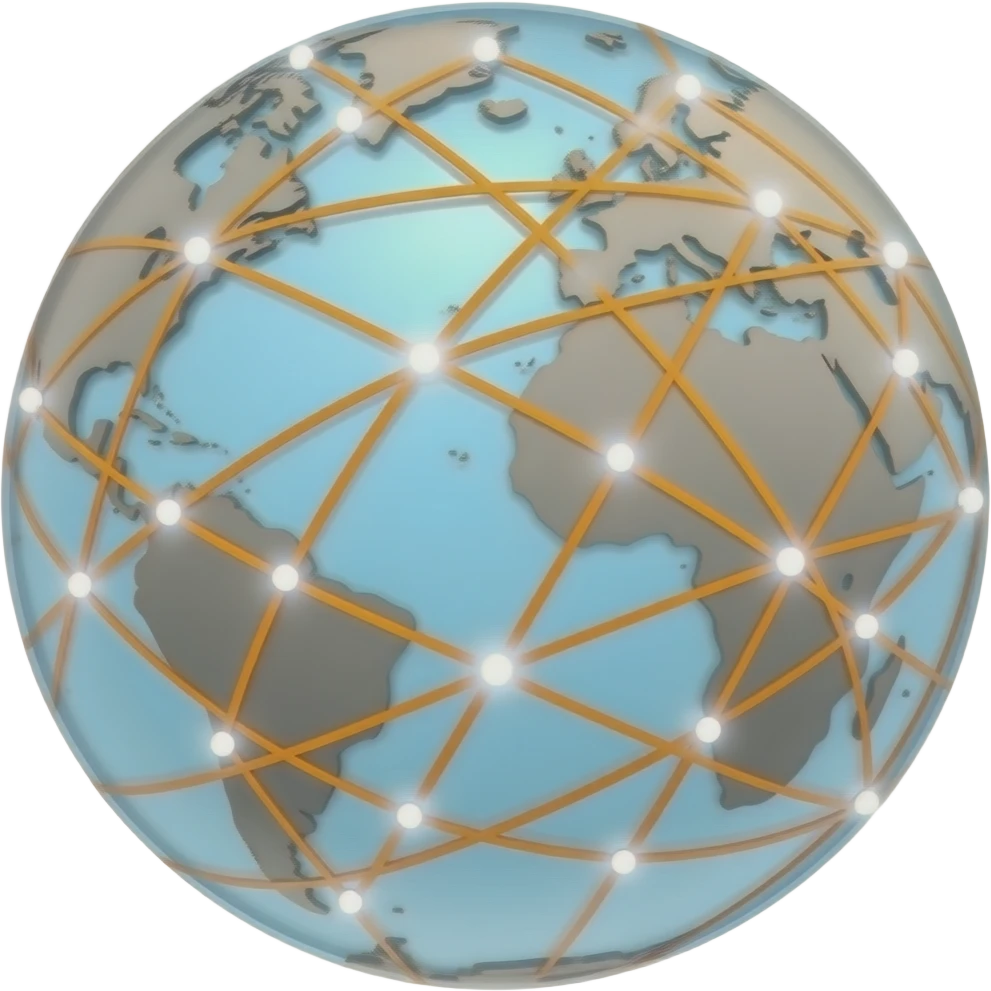 A transparent planet Earth with orange network lines surrounding it and white dots on it emoji