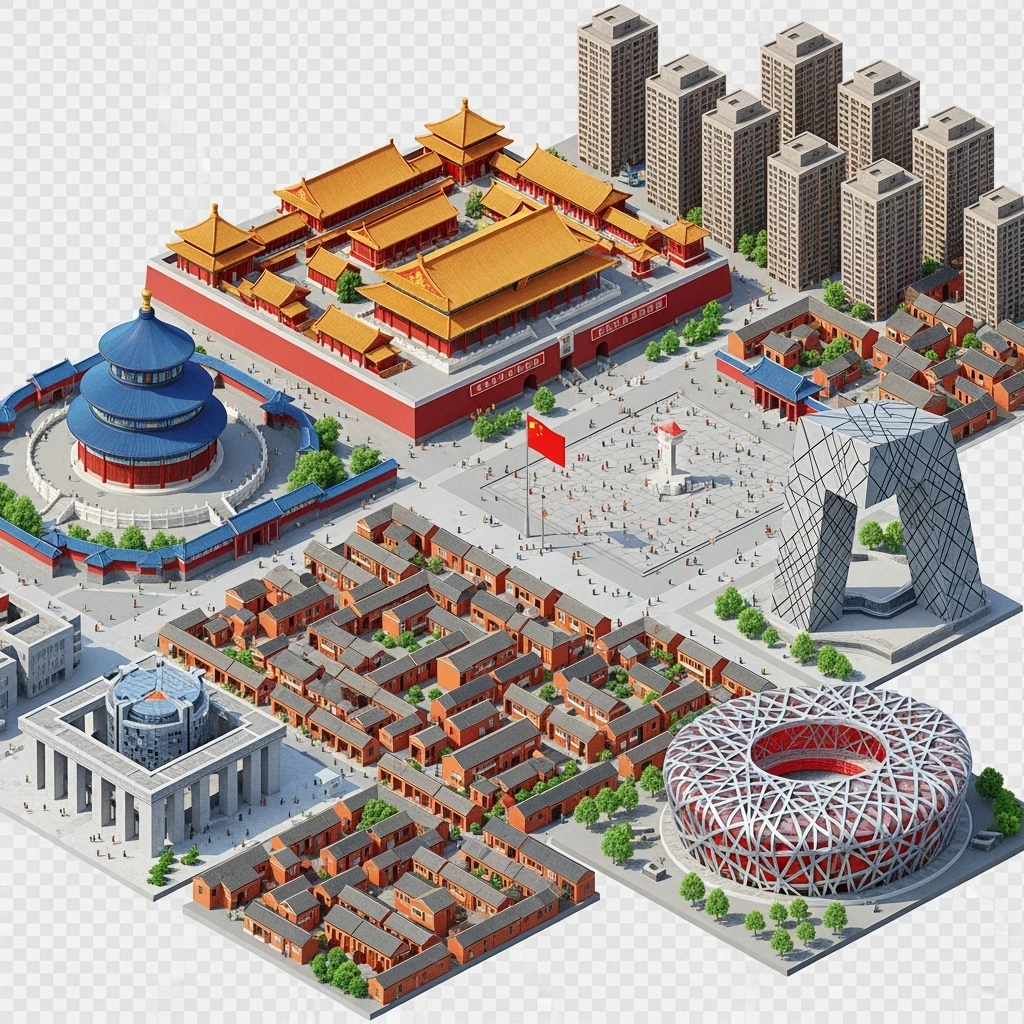 Isometric miniature of Beijing Forbidden City, Tiananmen Square, CCTV Headquarters, Temple of Heaven, Beijing National Stadium and crowded hutong alleys, sprawling apartment blocks, 3D miniature effect and Tilt Shift effect, no cartoonish look, transparent background. emoji