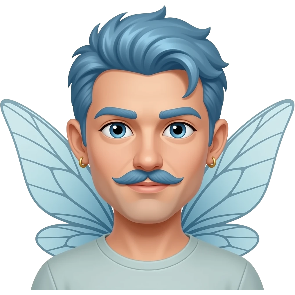 fairy face with blue hair, man, fairy wings sticking out behind head, and earrings and mustache emoji