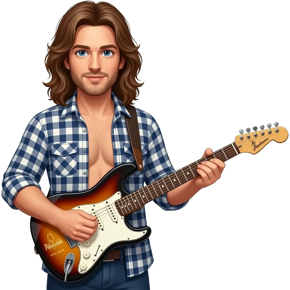 man with long brown hair, electro guitar, completely opened checkered shirt, to see brest,   logo "pearl jam"  good readable on the guitar emoji