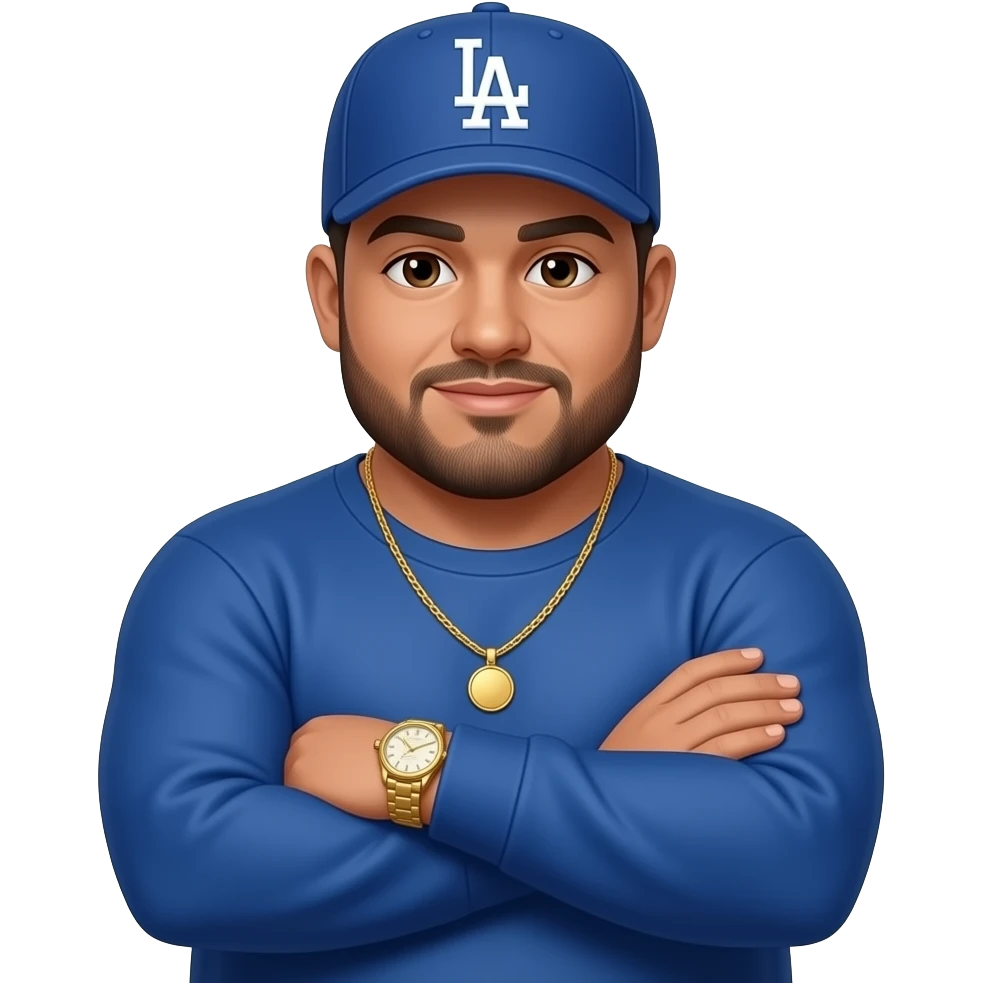 Chubby man with light honey skin tone and lightly shaved black beard wearing a blue Los Angeles Dodgers logo baseball cap wearing a long sleeve blue shirt wearing a gold tennis necklace and a gold wrist watch with arms folded emoji