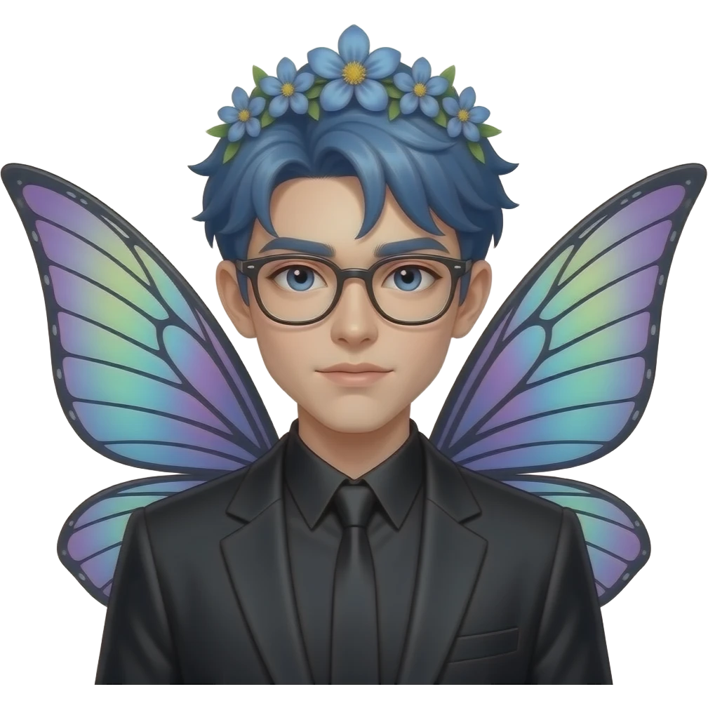 male goth fairy with blue hair, flower tiara and big wings and glassess emoji