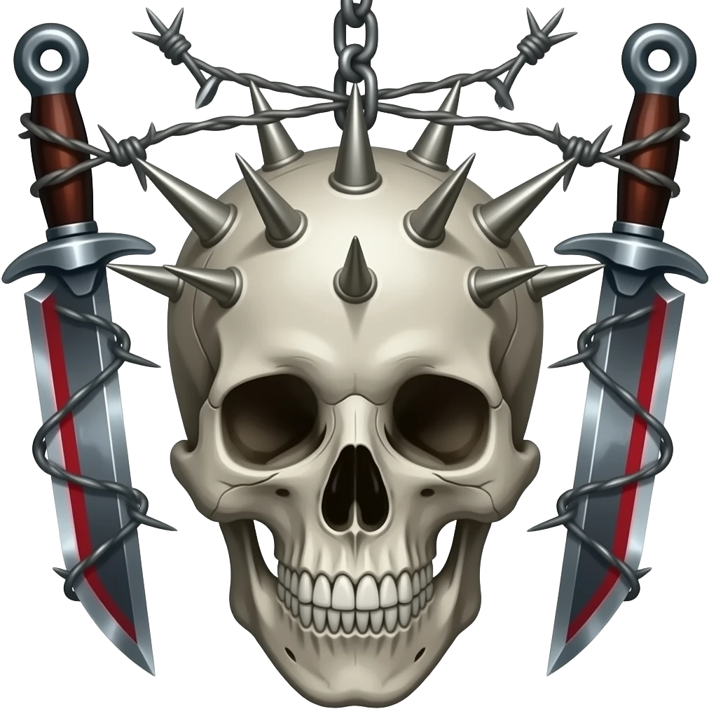 Hanging skulls, bones, teeth, spikes, barbed wire, blades edgy gothic black red silvery grey cool steel greyish dusky cold emoji