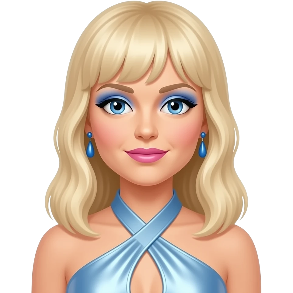 Agnetha Fältskog from ABBA with blue eyes, long blonde hair with bang, blue eyeshadow, pink lipstick, baby blue metallic halter dress, blue earrings emoji