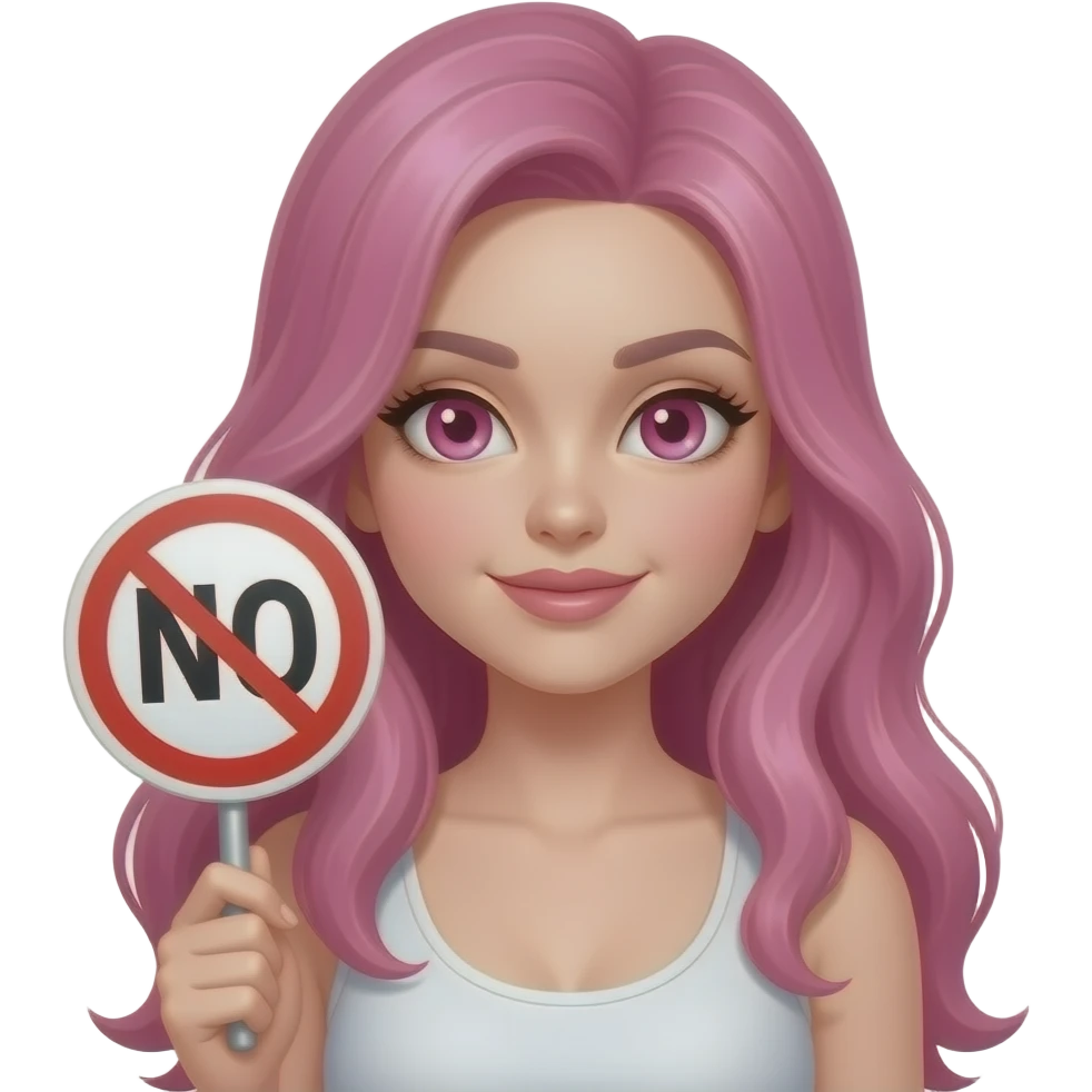 sexy girl with long pink hair and pink eyes holding a NO sign emoji