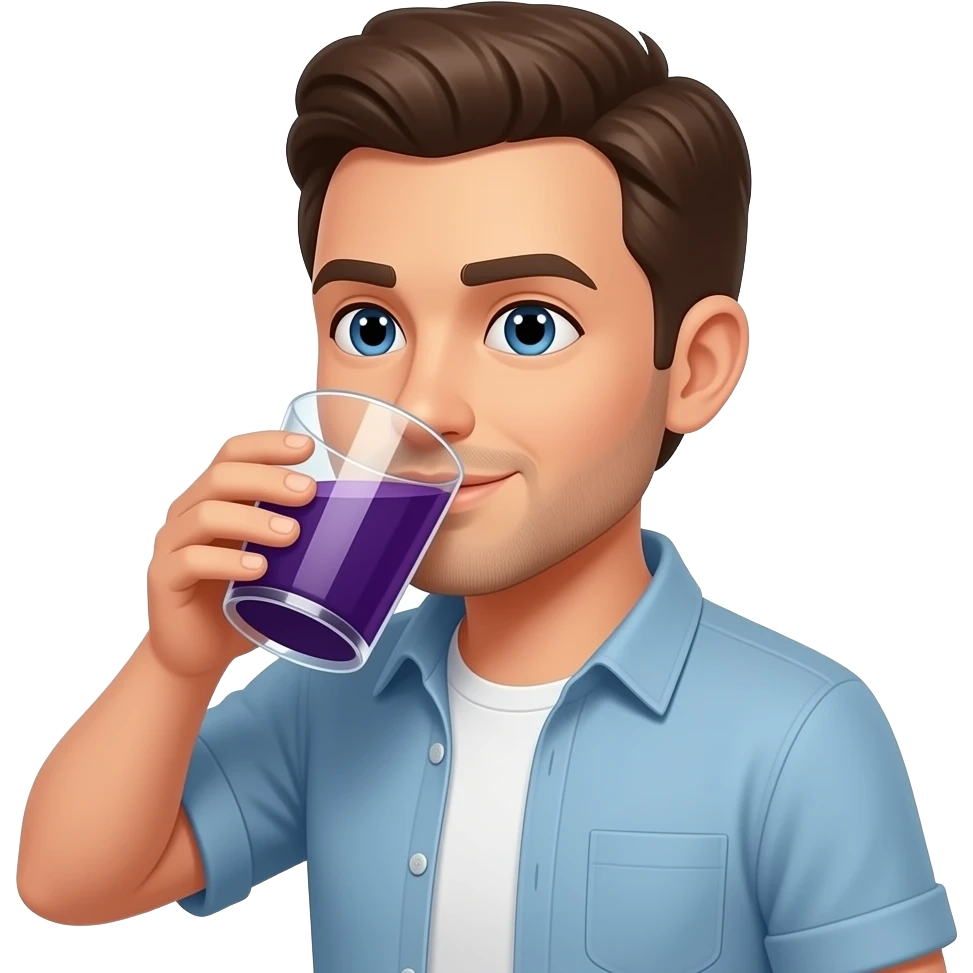 Make him drink a cup with dark purple liquid emoji