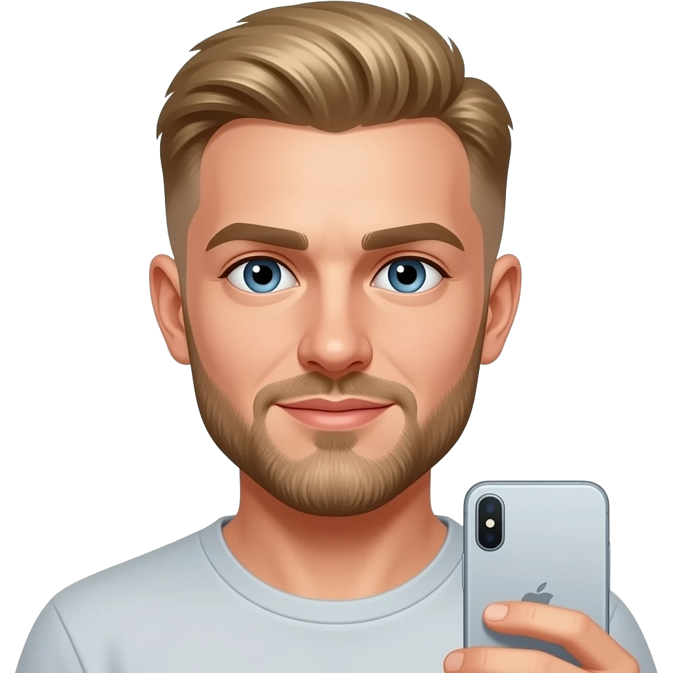 Blonde man, Short Hair almost Shaved, with beard, Blue eyes, more shaved hait on same height and iphone emoji kinda emoji