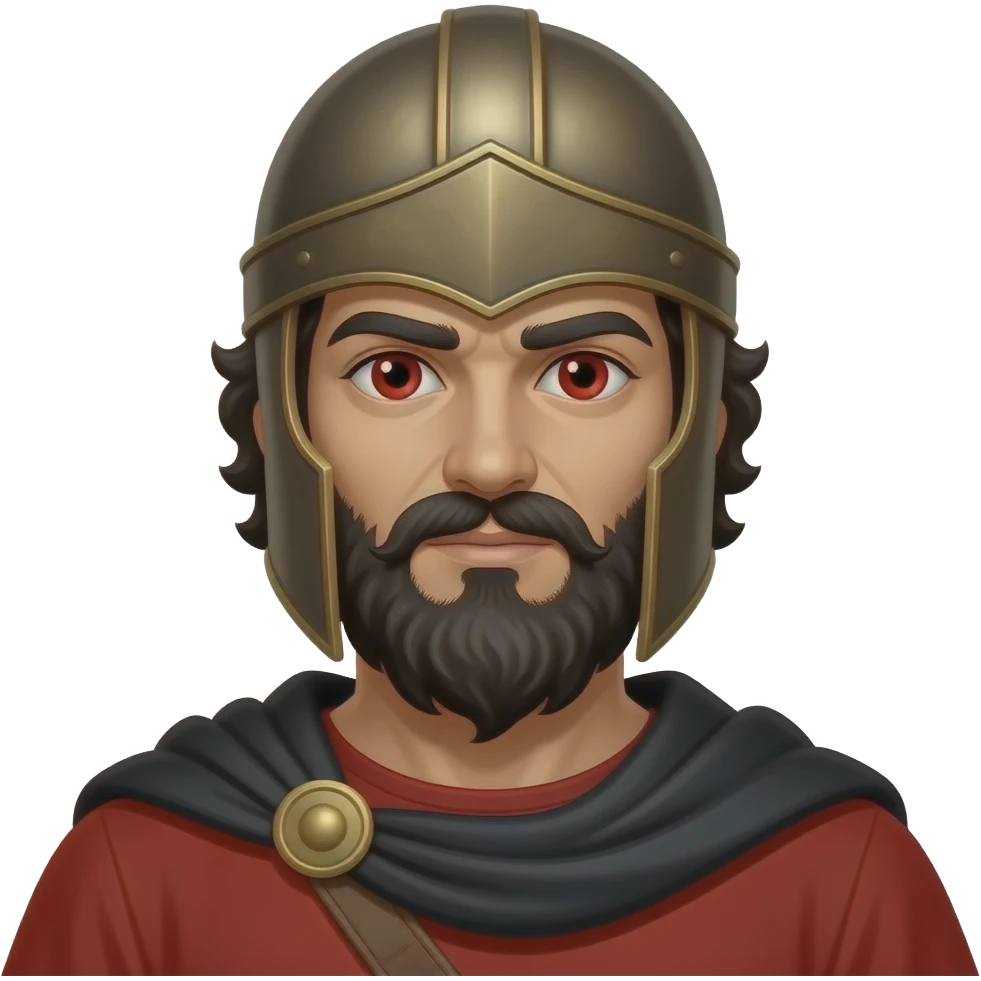 Mars from Roman Mythology with red eyes, black curly bearded warrior hair, red tunic, black cloak, bronze helmet emoji