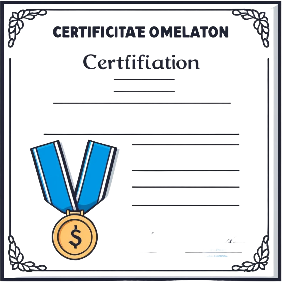 certificate of completion with a blue medal sticker, minimal modern style emoji