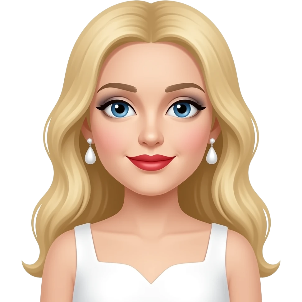 Madonna with blue eyes, long blonde hair, grey eyeshadow, red lipstick, white dress, white earrings emoji