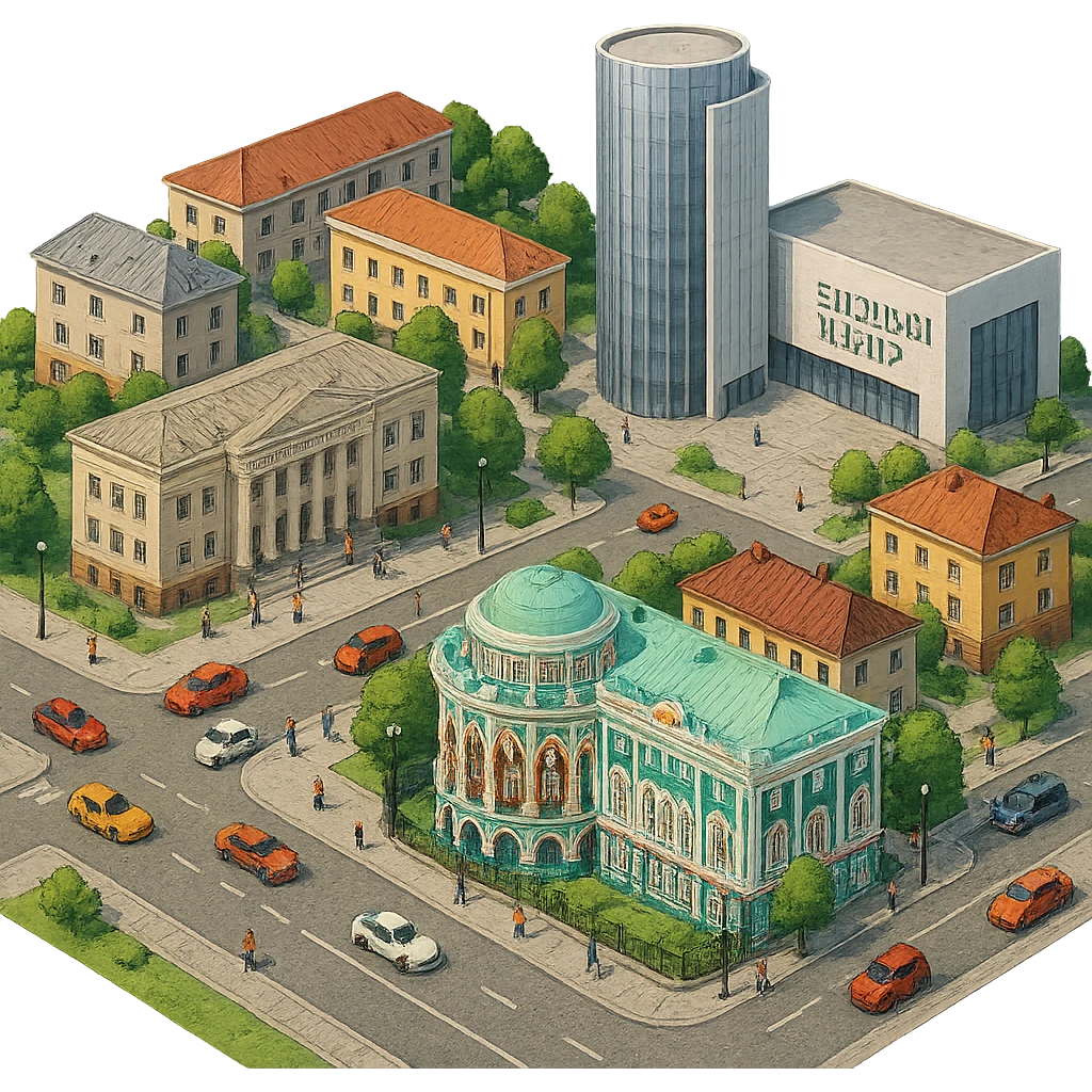 Изометричная миниатюрная фотореалистичная 3D модель Екатеринбурга - Дом Севастьянова, Ельцин-центр, Уральский федеральный университет, дома, четкая детализация, яркие цвета, мультяшный реализм, люди, автотранспорт, компактная композиция, вид сверху в изометрии, прозрачный фон emoji