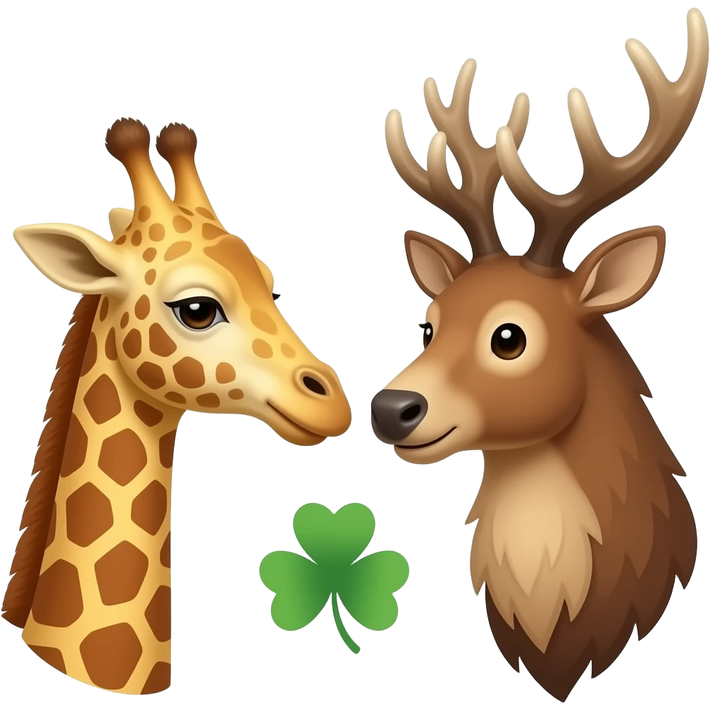 Einfacher Giraffenkopf und Elchkopf schauen sich an mit Vierblätter Glücksklee emoji
