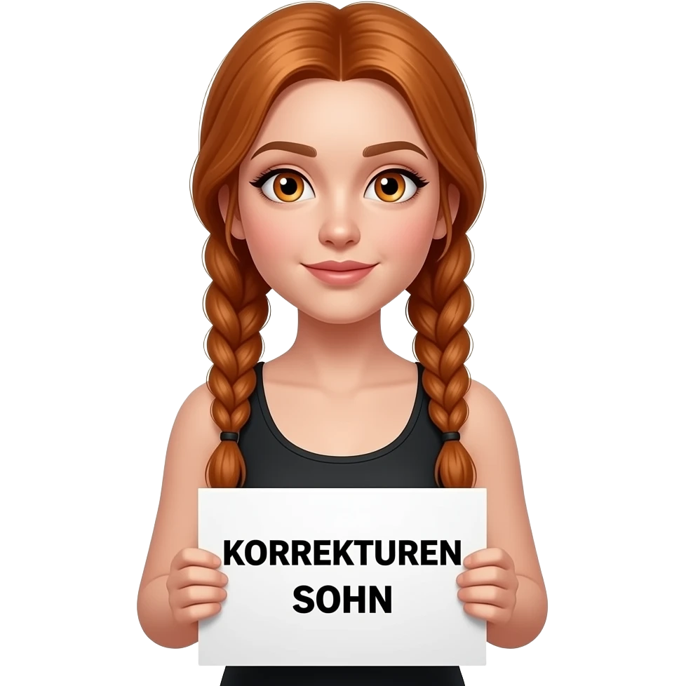 sexy girl with long ginger braids and ginger eyes wearing a black tanktop and is holding a white sign with KORREKTUREN SOHN written on it emoji