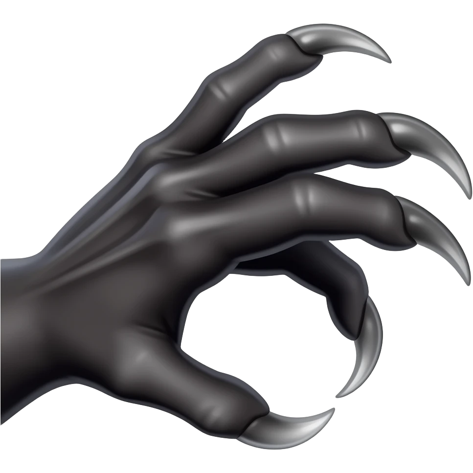 Long dark Demonic hand with sharp claws. Make the hand reach out to attack and slash towards the right of the image violently. Shift the perspective to a side profile to show the curvature and length of the claws more clearly. emoji