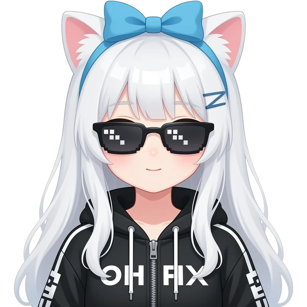 anime-style catgirl, long white hair, soft pastel tones, small cat ears, wearing a large blue bow on top of head, wearing black streetwear jacket with white text pattern and 8-bit pixel sunglasses meme glasses emoji