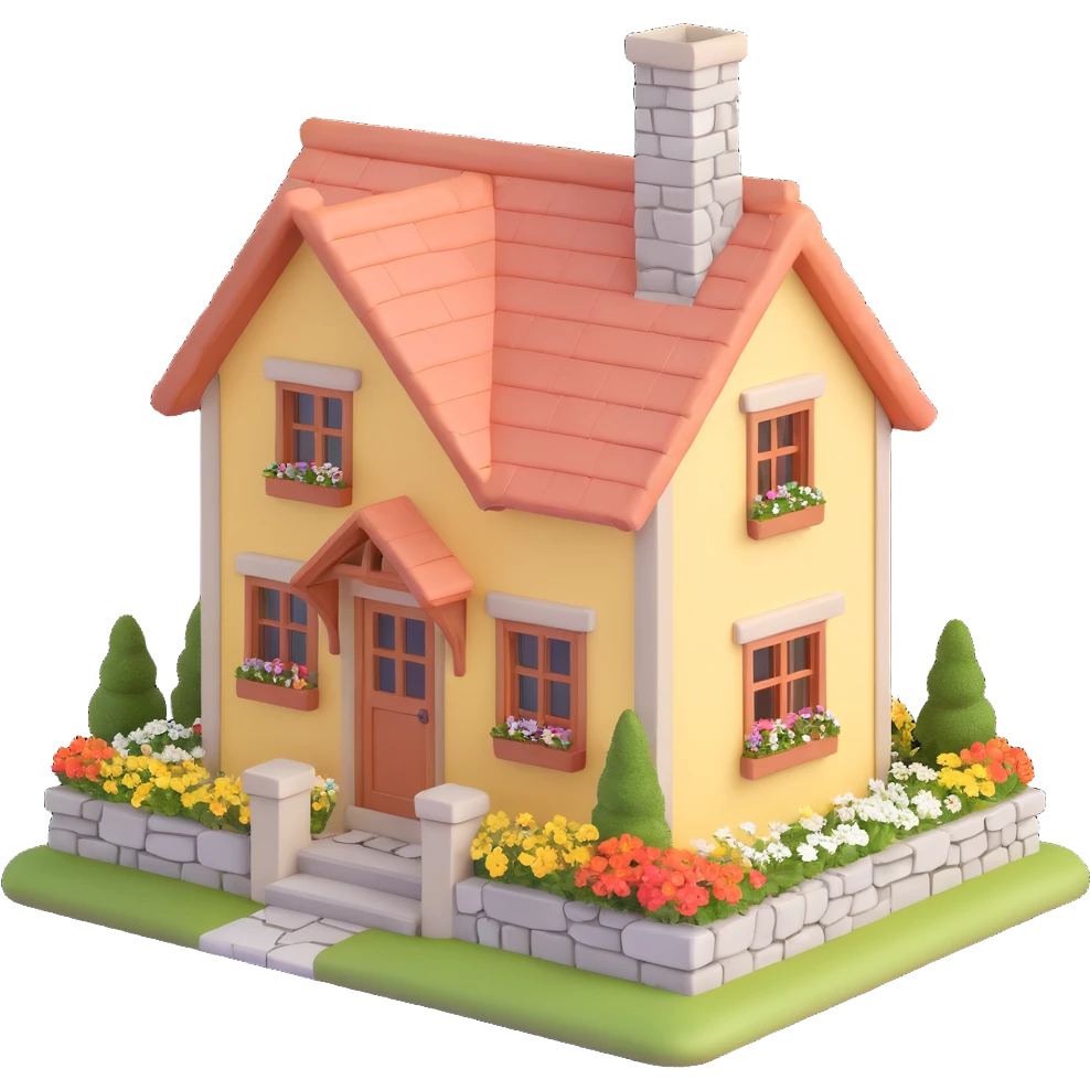 3D house cozy cottage style, chimney, flower boxes, stone details emoji