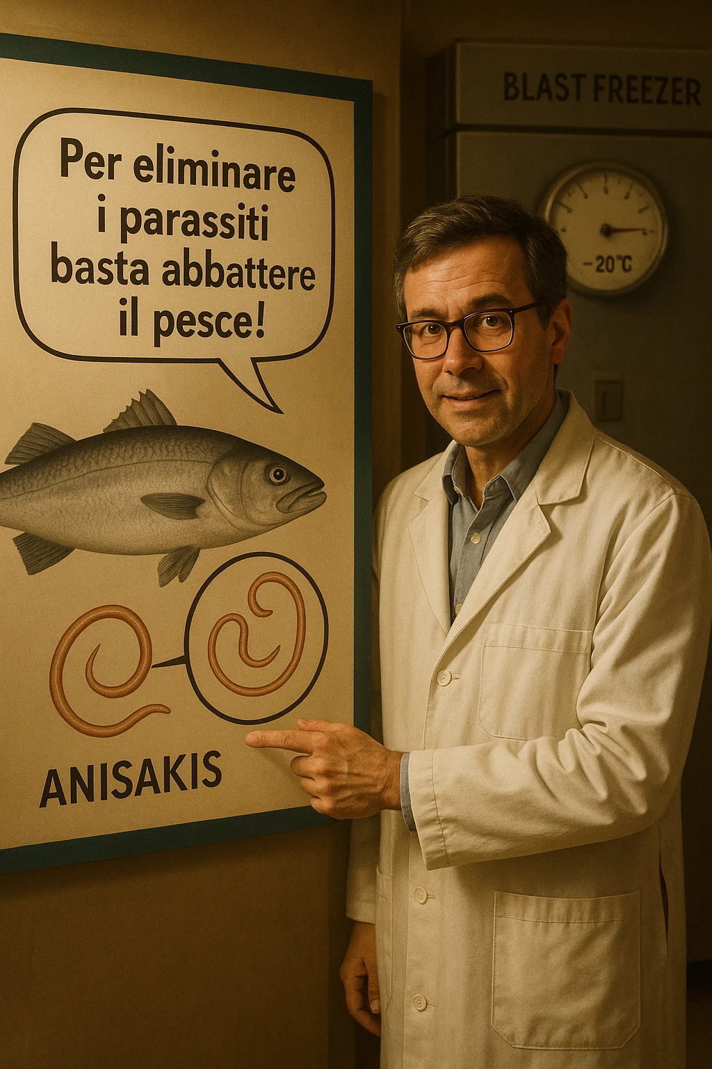 cinematic a scientist in a white lab coat stands beside a large poster showing a fish and a diagram of the Anisakis parasite. The scientist points to a speech bubble that says, “Per eliminare i parassiti basta abbattere il pesce!” In the background, a blast freezer is visible, with a temperature gauge set to -20°C. The mood is informative and reassuring. In italiano emoji