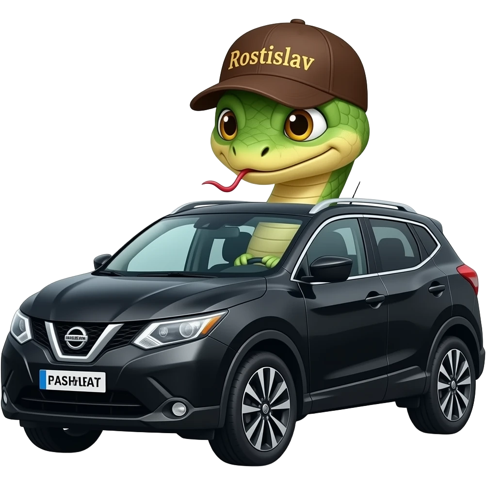 A snake in a cap with the inscription "Rostislav" is driving a black Nissan Qashqai. emoji