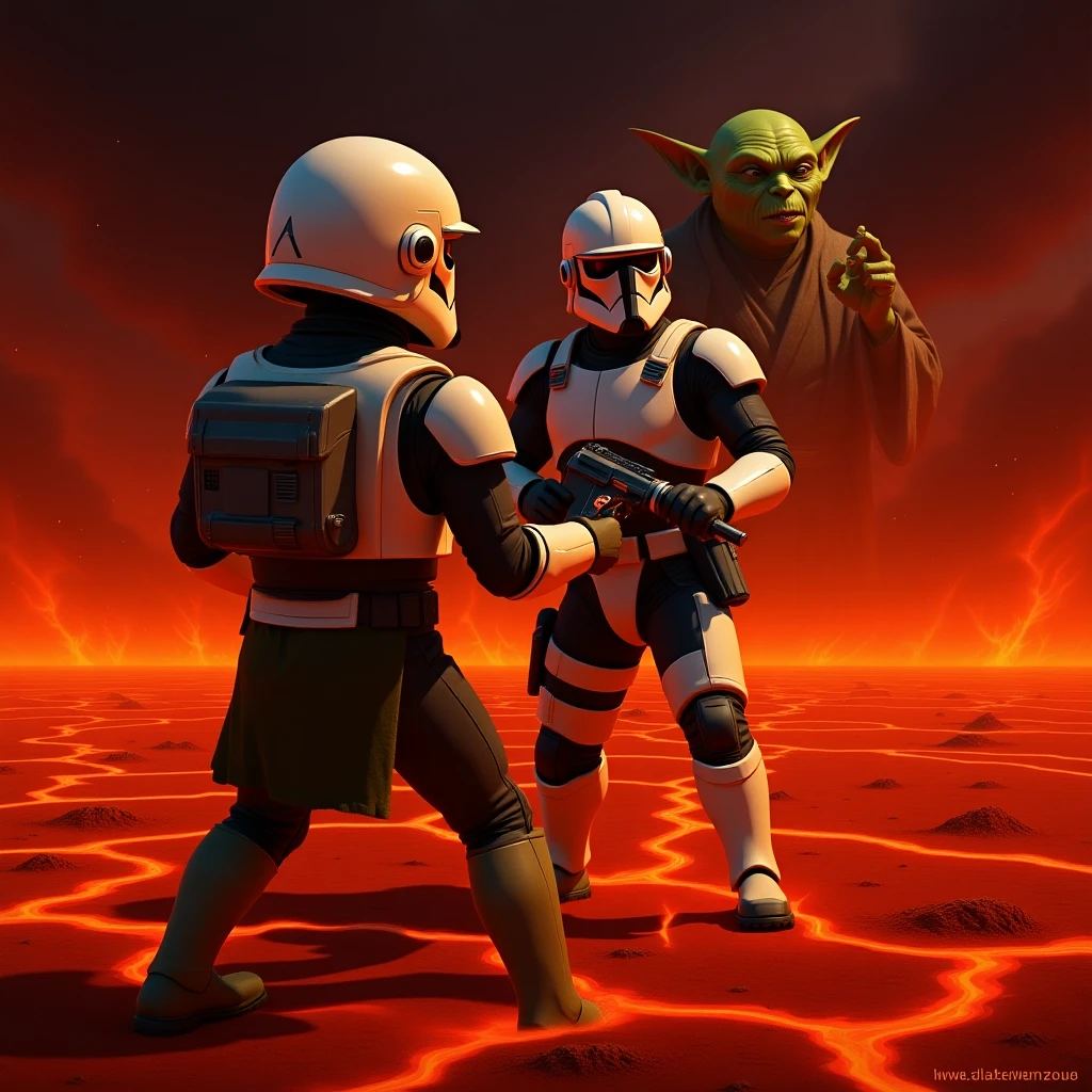 make digital poster art of Camera POV, Starwars stormtroopers vlogging selfie, he is walking on lava planet with yoda
 emoji