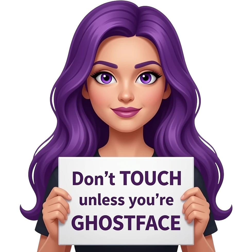sexy girl with long purple hair and purple eyes holding a Don't TOUCH unless you're GHOSTFACE sign emoji