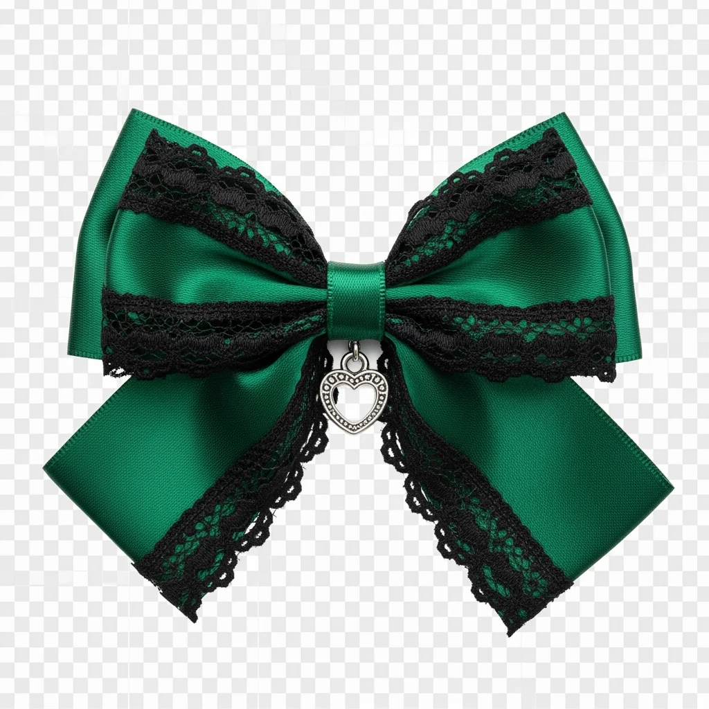 green gothic bow with black lace trim and heart charm, remove background emoji
