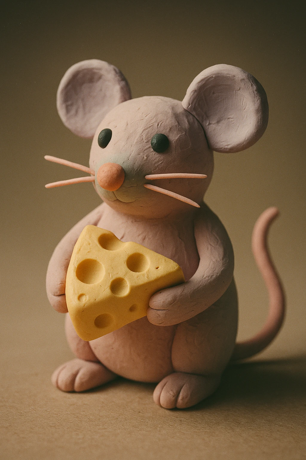 A mouse in claymation style with a matte, plasticine texture, visible fingerprints, and pastel colors, holding a piece of cheese. emoji