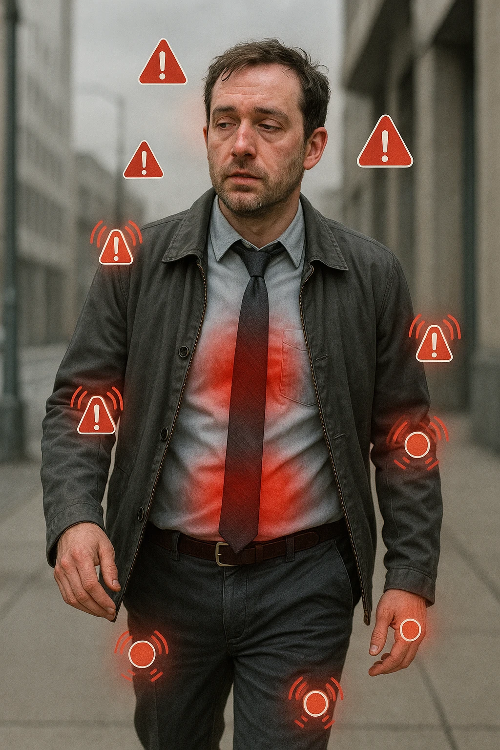 Uomo di circa 35 anni in giacca e cravatta, cammina deciso mentre il suo corpo invia segnali visibili: zone arrossate su addome, testa e articolazioni, occhi stanchi, pelle spenta. Intorno a lui appaiono simboli di allarme (come piccole icone rosse di dolore o stanchezza), ma lui guarda altrove con espressione indifferente o distratta. Sfondo urbano, giornata grigia, atmosfera di disconnessione mente-corpo. Stile realistico con accenti metaforici. emoji