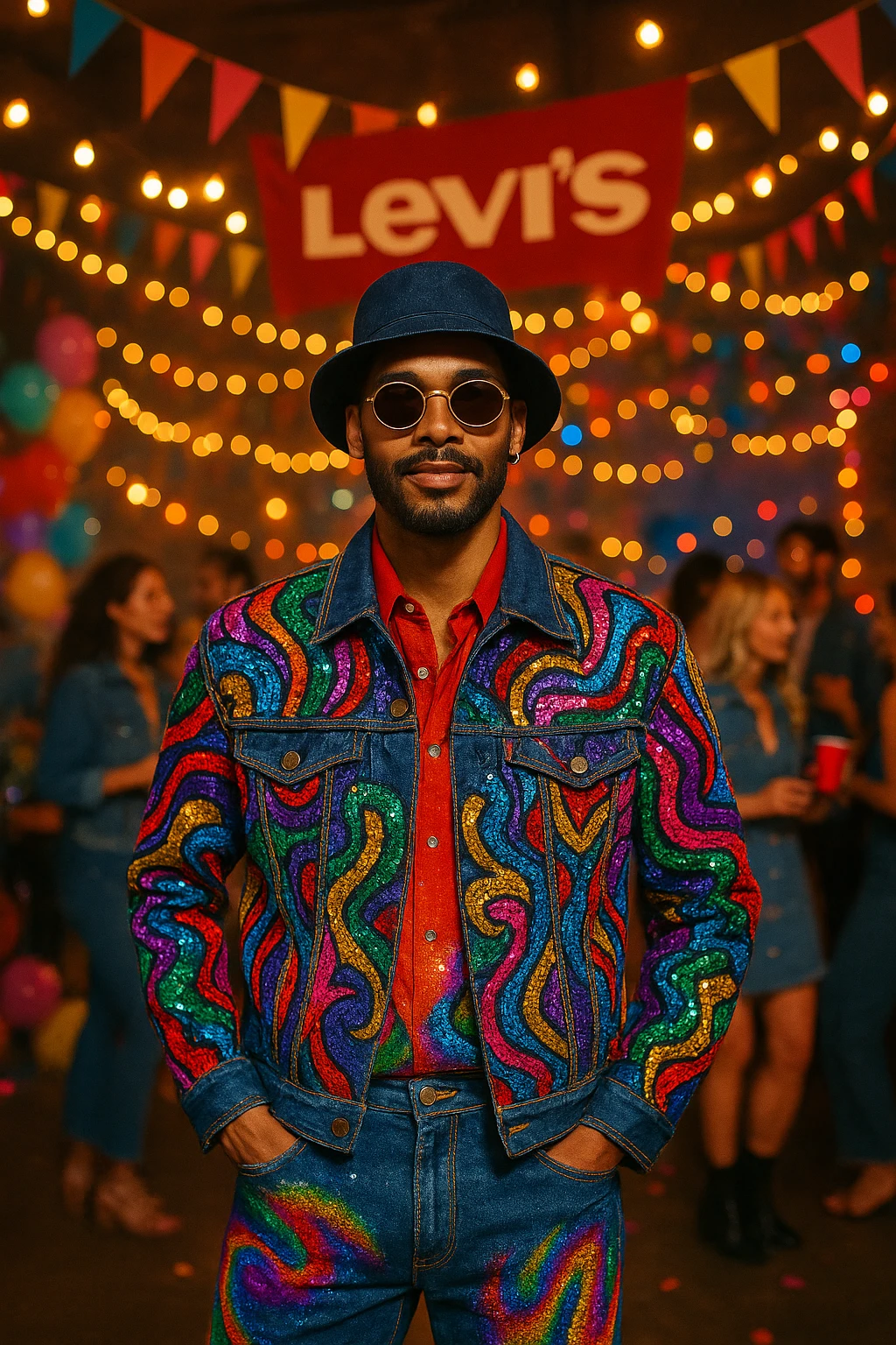 A fashionable man in dazzling, unique attire at a Levi's-themed party, featuring bold patterns, denim jacket, and lively party background. emoji