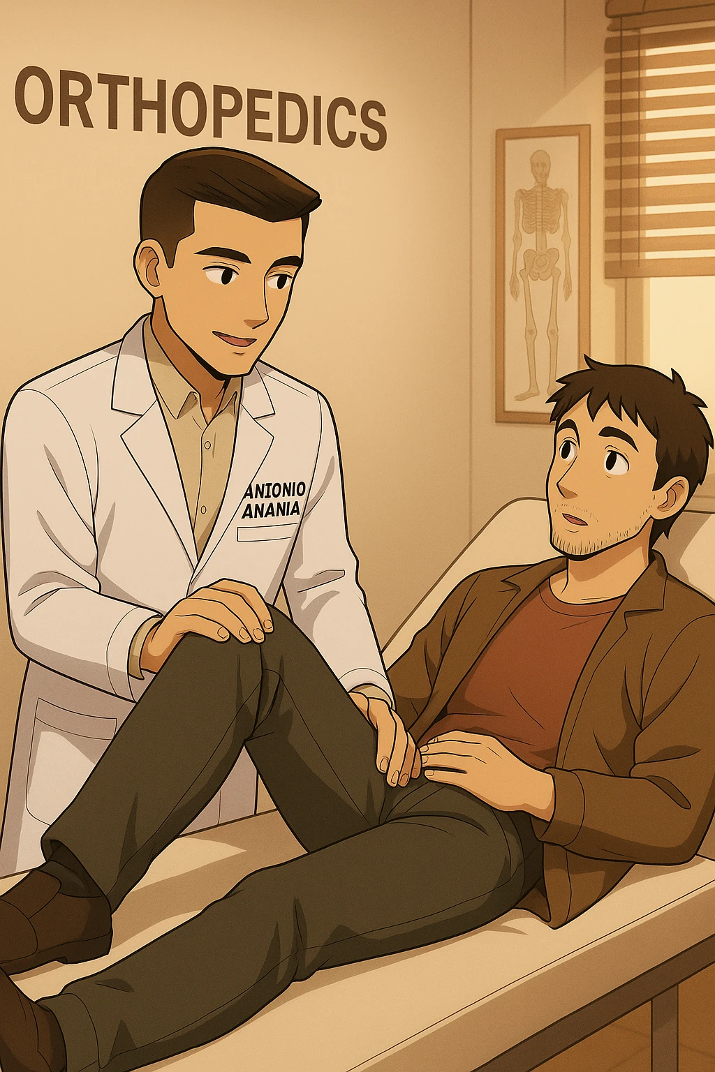 fai un webtoon manga a colori con questo stile, in cui un uomo è steso sul lettino medico e il kinesiologo con il camice bianco (fagli anche la scritta "ANTONIO ANANIA" SUL CAMICE, gli solleva una gamba per fargli il test neuromuscolare, IL KINESIOLOGO SPIEGA ALL'UOMO UNA cosa mentre gli alza la gamba. non fare i fumetti però, fai solo in modo che sembri stiano parlando emoji