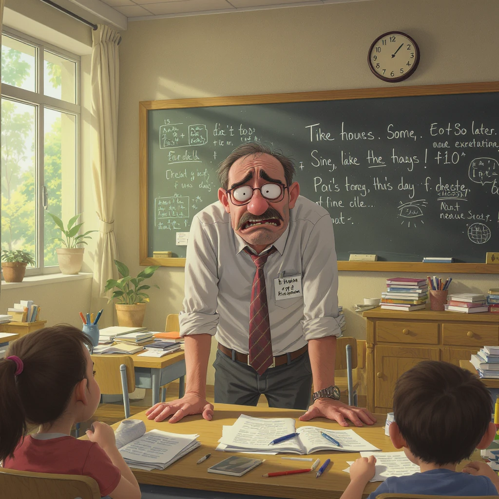 cartoon art of a exhausted teacher in a bustling classroom emoji