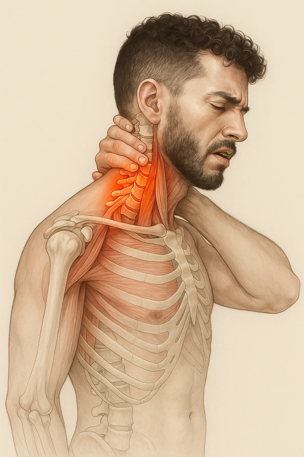 Uomo con dolore per infortunio vista anatomica in piedi con dolori cervicali emoji